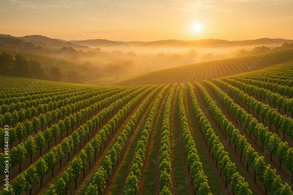 Fototapeta premium Lush vineyard rows with green grapevines ready for harvest in wine country landscape