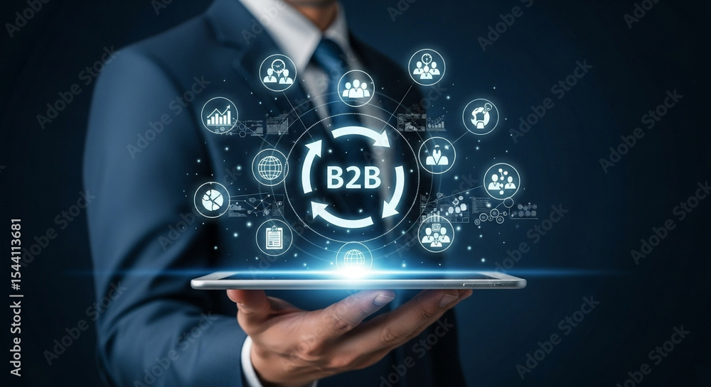 Fototapeta premium Man holding tablet displaying b2b concept with connected network of business related icons around it
