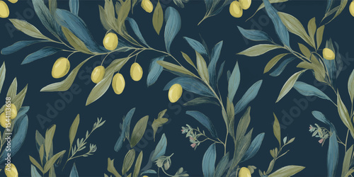 Elegant Mediterranean Olive Branch, Leaves, Fruits Seamless Print. Rustic Botanical Pattern for design, textile, packaging, fabric, wallpaper, branding, stationery, wrapping paper interior decor