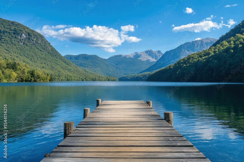 Dock in vibrant lake landscape with clouds Dock in vibrant lake landscape with clouds