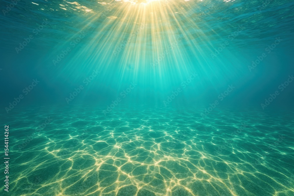 Fototapeta premium Serene underwater scene with brilliant sunlight rays penetrating deep blue ocean water and marine ecosystem