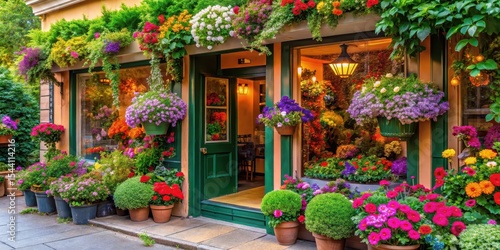 Brightly coloured exterior of a boutique store with vibrant flowers and lush greenery surrounding the entrance, facade
