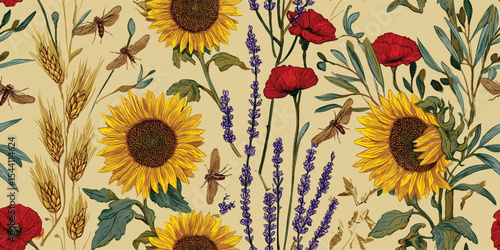 Vintage Sunflower, Poppy, Lavender Field Seamless Print. Rustic botanical harvest design with insects, perfect for autumn decor, fabric, wallpaper, digital projects