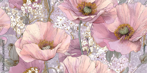 Vibrant Vintage Sunflower, Poppy, Lavender Field Seamless Print. Rustic botanical harvest design with various insects, ideal for autumn decor, fabric, wallpaper, digital projects