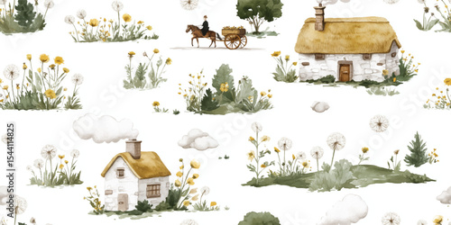 Charming Rustic Countryside Cottage, Dandelion Meadow Seamless Print, Idyllic Watercolor Village Scene for design, textile, packaging, fabric, wallpaper, branding, wrapping paper interior decor.