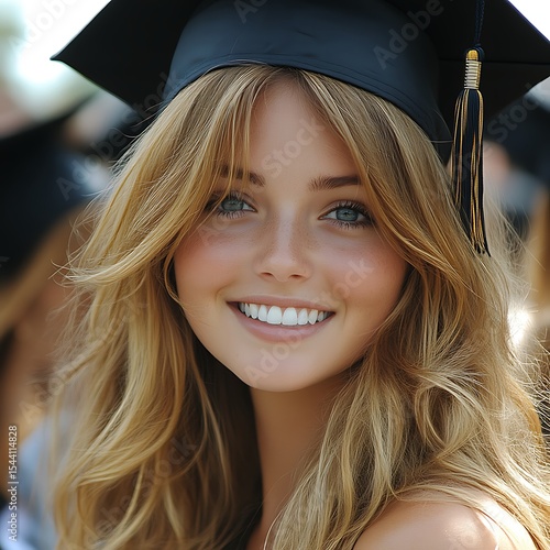 Beautiful young woman in graduation cap, smiling