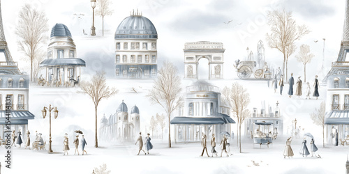 Elegant Parisian Cityscape, Tower, Cafe Street Scene Seamless Print, Charming Vintage European Style for design, textile, packaging, fabric, wallpaper, branding, wrapping paper interior decor.