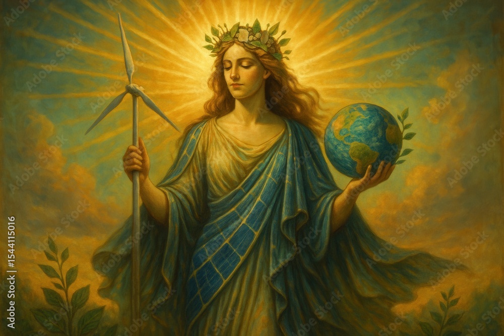 Obraz premium Celestial goddess of sustainability promoting environmental awareness and renewable energy advocacy