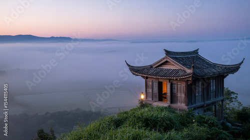 Wallpaper Mural Serene sunrise view of traditional house surrounded by fog in mountains Torontodigital.ca
