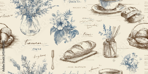Rustic French Bakery Seamless Pattern, Hand-Drawn Baguettes, Coffee, and Lavender Illustrations for Cafe Decor and Vintage Kitchen Textiles.