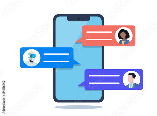  Exchange of messages with artificial intelligence used in work and study. Illustartion graphics in flat design style. The conversation takes place on the screen. Customer conversation with AI chat.