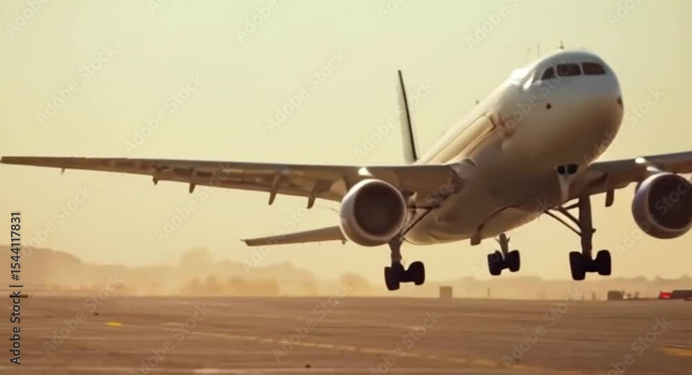Commercial Jet Airplane Landing on Runway During Sunset with Dust Rising in the Air Commercial Jet Airplane Landing on Runway During Sunset with Dust Rising in the Air