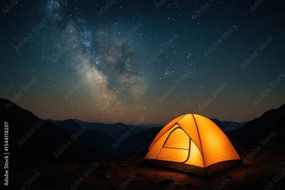 Mountain camping adventure with illuminated tent under starry night sky Mountain camping adventure with illuminated tent under starry night sky