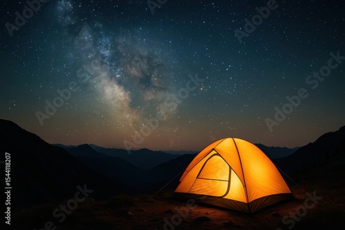 Mountain camping adventure with illuminated tent under starry night sky