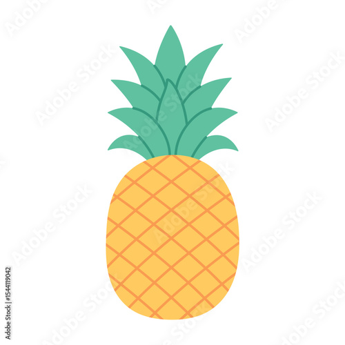 Whole ripe pineapple with green spiky leaves and golden skin, isolated on white background. For tropical, summer, card, vacation, beach and healthy food design. Flat vector cartoon illustration.