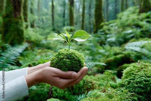 holding a kokedama sapling for world environment day, planting trees concept of sustainability and community engagement.