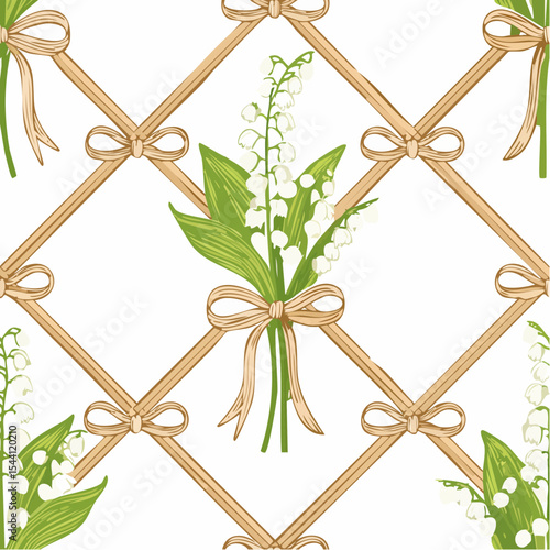 Floral trellis seamless pattern with bows and ribbons. Hand drawn lily of the valley flowers. Summer spring background.