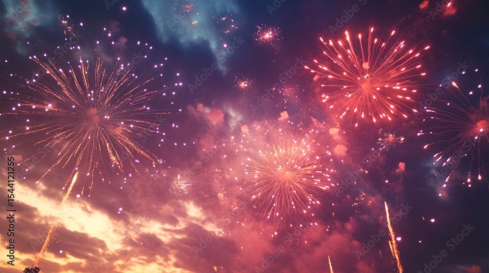 Fototapeta premium Fireworks in slow motion across a twilight sky, vibrant colors, celebration concept generative ai