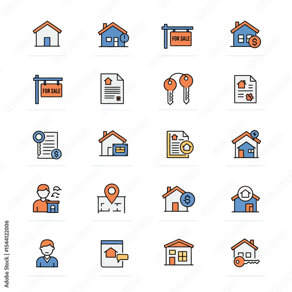 Collection of colorful, outlined icons representing various real estate concepts, including houses, signs, documents, and keys. Collection of colorful, outlined icons representing various real estate concepts, including houses, signs, documents, and keys.