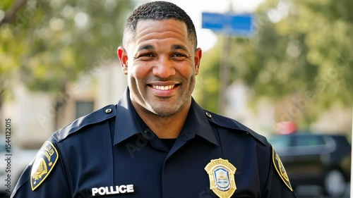 Smiling police officer interacting happily with community in daylight neighborhood scene