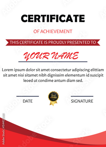 Certificate of achievement with red accents and best award emblem displayed