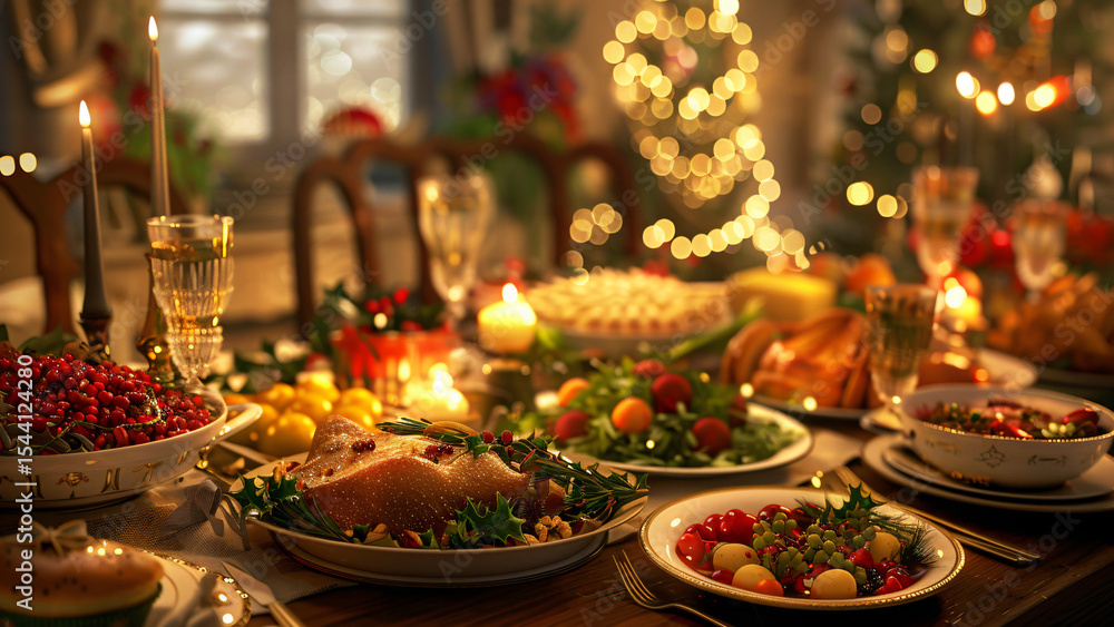 Fototapeta premium Festive holiday feast on dinner table with warm lighting