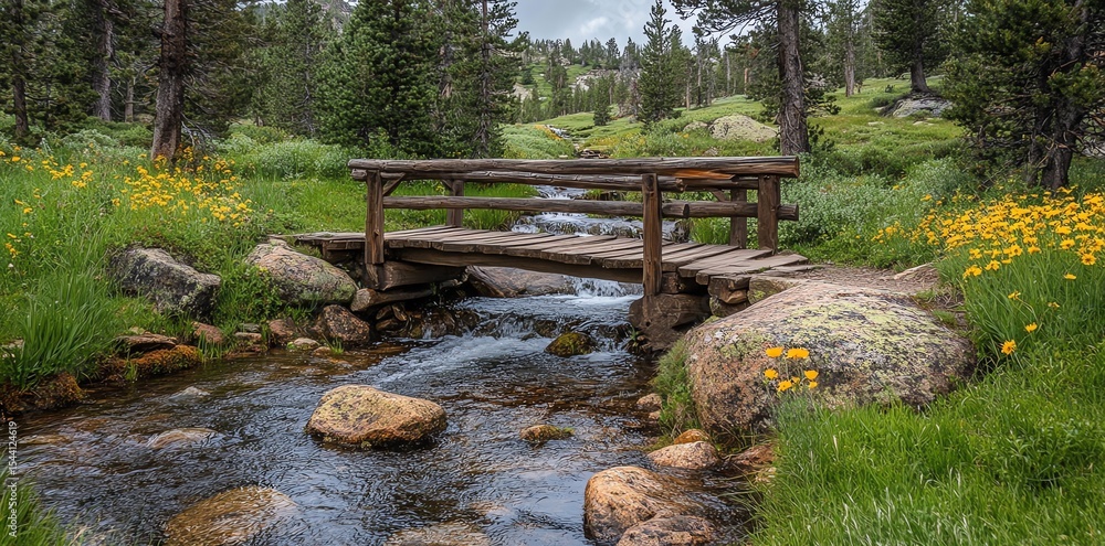 Fototapeta premium Scenic Forest Stream with Wooden Bridge Surrounded by Greenery and Yellow Flowers