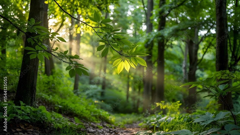 Obraz premium Sunlight Streaming Through Green Forest Canopy, Scenic Woodland with Lush Vegetation