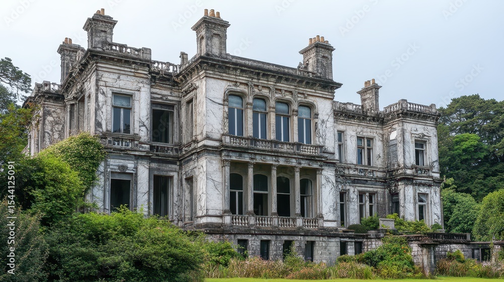 Fototapeta premium A grand, decaying mansion stands amidst overgrown foliage.