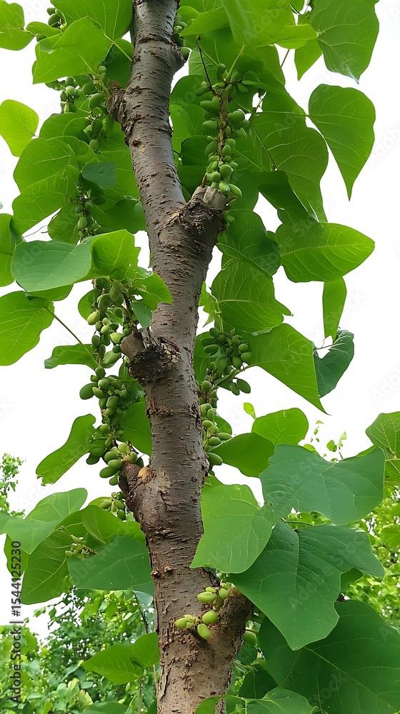 Obraz premium A close up photograph of a mature catalpa tree showcasing vibrant green leaves and young fruit.