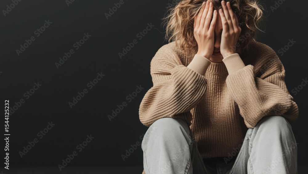 custom made wallpaper toronto digitalA woman sitting on the floor with her hands covering her face, feeling distress, depressed, stressed and anxiety in black background
