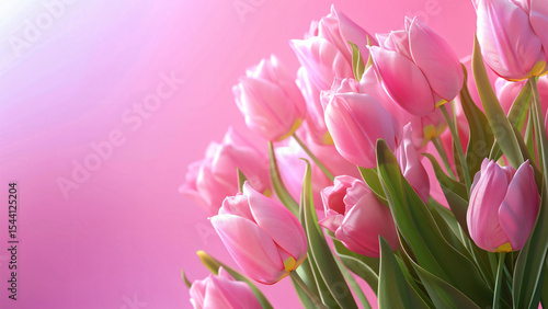 Fresh pink tulips on soft background in spring light