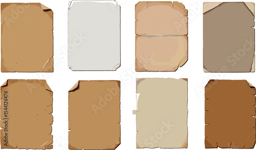 Old antique paper sheets collection with torn edges. Different vintage paper texture, worn parchment