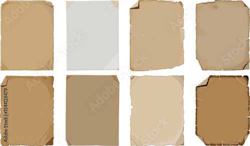 Old antique paper sheets collection with torn edges. Different vintage paper texture, worn parchment