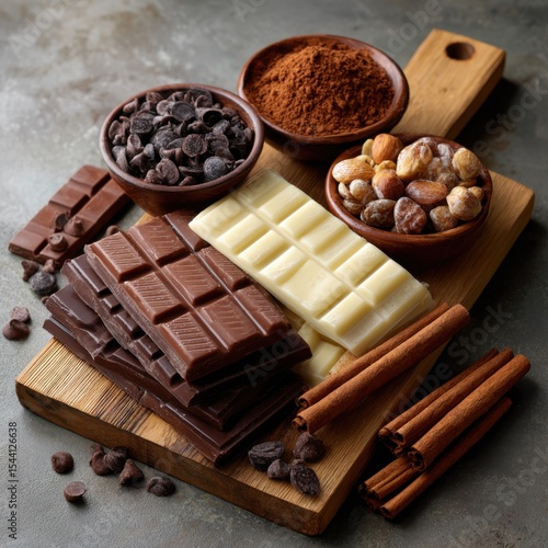 Assorted chocolates and ingredients on a wooden board for culinary and confectionery use cases
