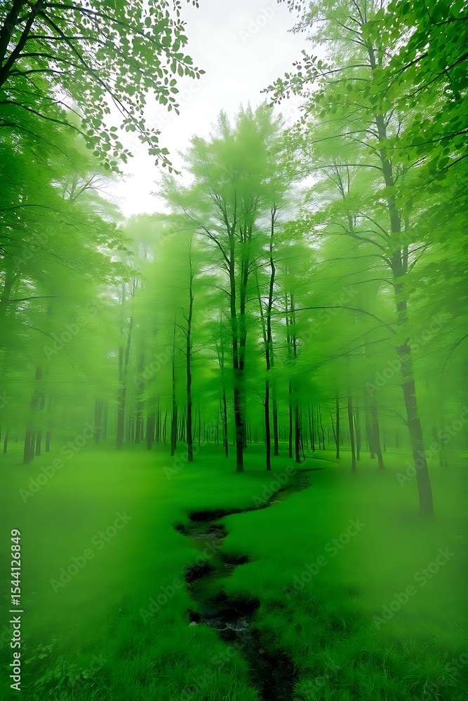 Naklejka premium Misty Green Forest Path Serene Nature Photography