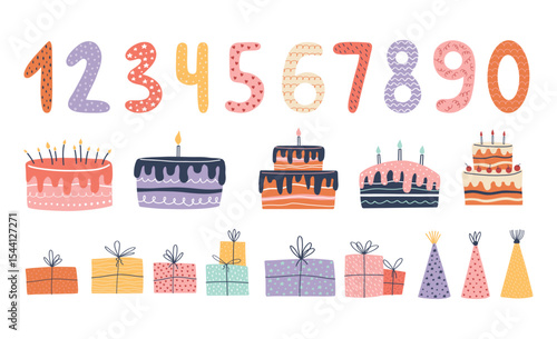 Hand drawn birthday clipart set with cute numbers, cakes, gift boxes, and party hats. Fun and colorful vector elements in whimsical doodle style. Perfect for birthday cards, party invites, kids decor