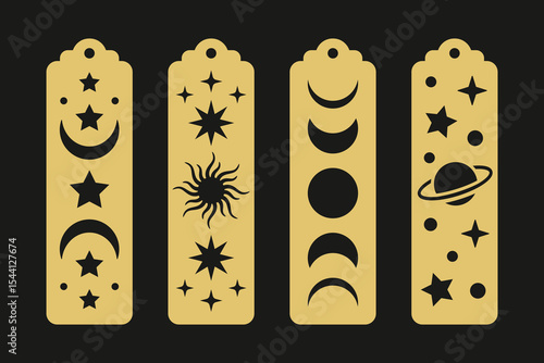 Set of vertical bookmarks with astrology elements such as moon, sun, celestial and stars. Esoteric laser cut template. Decorative stencil for paper, wood and metal cutting. Mystical vector design
