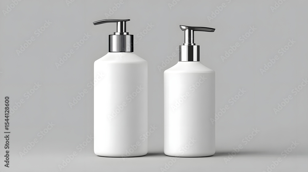 Minimalist skincare mockup featuring two pump action bottles on gray background, showcasing sleek and modern design. Perfect for beauty product presentations Minimalist skincare mockup featuring two pump action bottles on gray background, showcasing sleek and modern design. Perfect for beauty product presentations