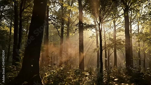 Morning Sunlight Through Forest Trees with Floating Dust Particles