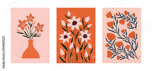 Set of floral wall art in hand drawn style with blooming flowers and minimal vases. Warm palette of terracotta, pink, and navy blue. Perfect for boho decor, greeting cards, posters, and spring design 
