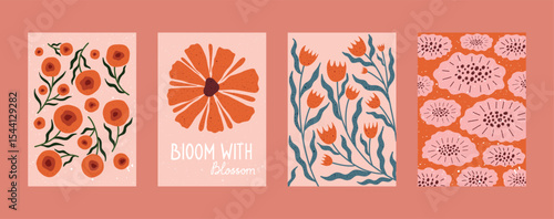 Hand drawn floral wall art set with bold red and pink flowers, whimsical leaves, and playful lettering. Modern botanical prints in warm tones for home decor, cards, or textile design.
