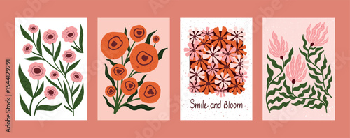 Hand drawn floral illustration with quote Smile and Bloom. Colorful daisy pattern in warm tones of orange, pink and white. Cute motivational print perfect for kids room, greeting cards, posters