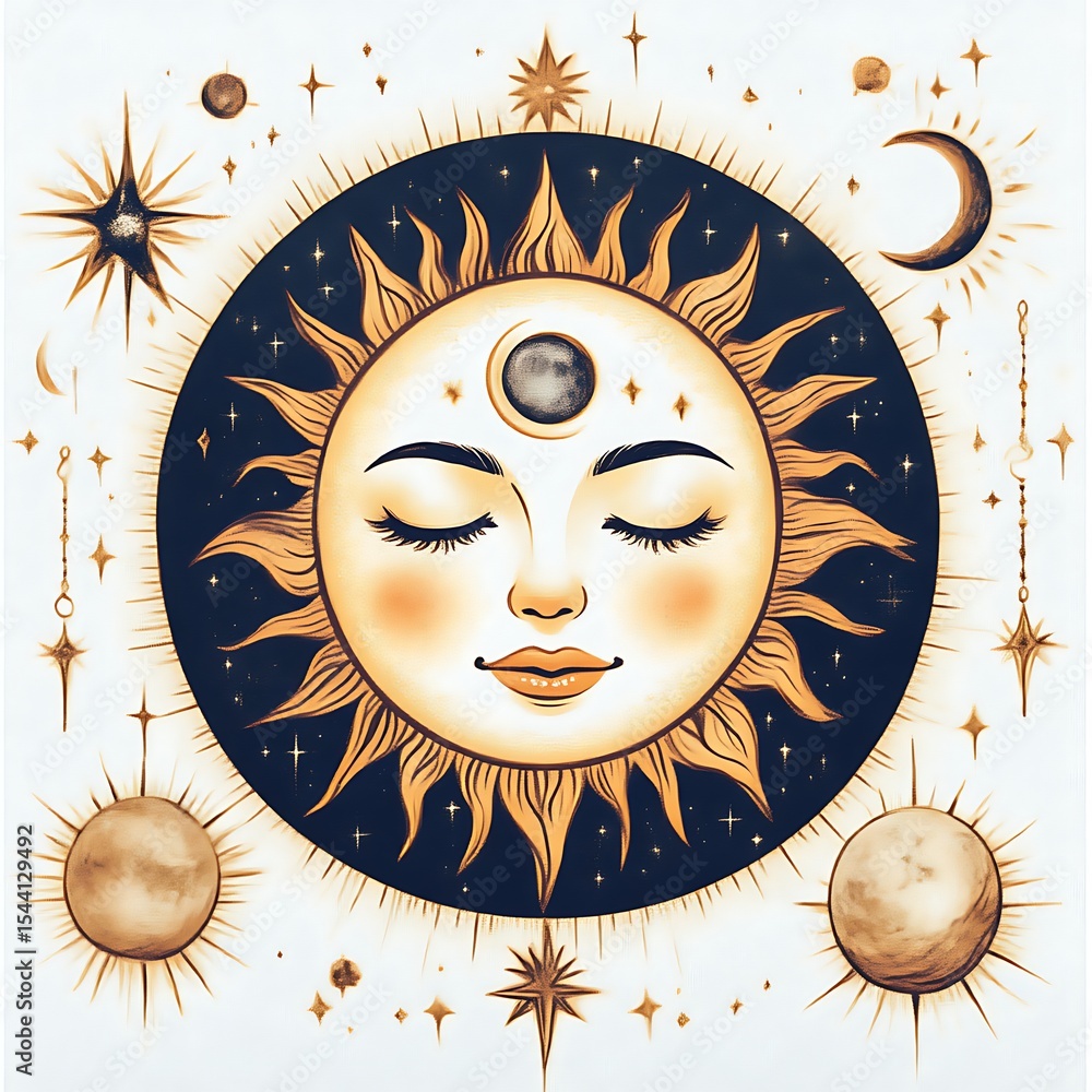 Celestial sun face, serene and cosmic. A stylized sun with a peaceful human-like face, surrounded by celestial elements like stars, planets, and moon Celestial sun face, serene and cosmic. A stylized sun with a peaceful human-like face, surrounded by celestial elements like stars, planets, and moon