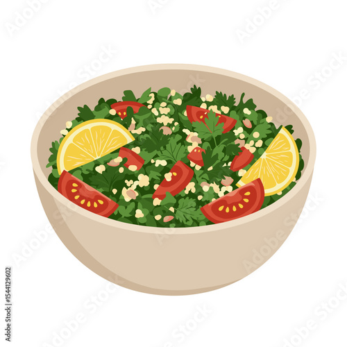 Illustration of a bowl of tabbouleh salad with parsley, bulgur, tomato and lemon wedges