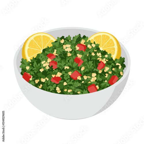 Illustration of a bowl of tabbouleh salad with parsley, bulgur, tomato and lemon wedges