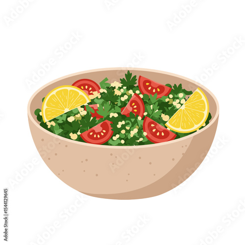 Illustration of a bowl of tabbouleh salad with parsley, bulgur, tomato and lemon wedges