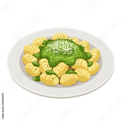 Illustration of a plate of gnocchi with creamy pesto sauce and grated parmesan