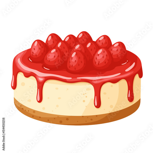 Illustration of a slice of cheesecake with strawberry topping and syrup dripping down the sides