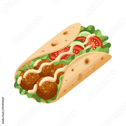 Illustration of a falafel wrap,  with chickpea balls, lettuce, tomato, and tahini sauce